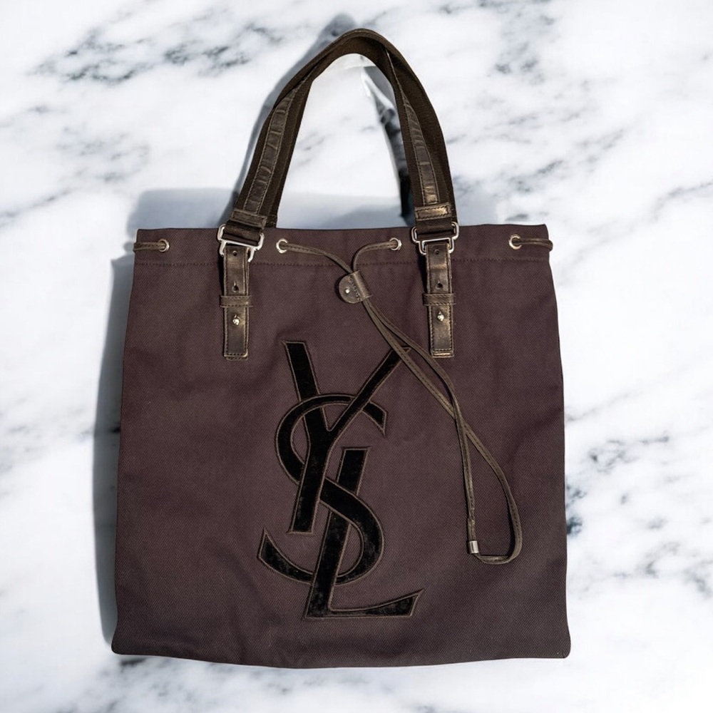 YSL Yves Saint Laurent Deep Navy Tote Bag w/ Black Velvet Logo